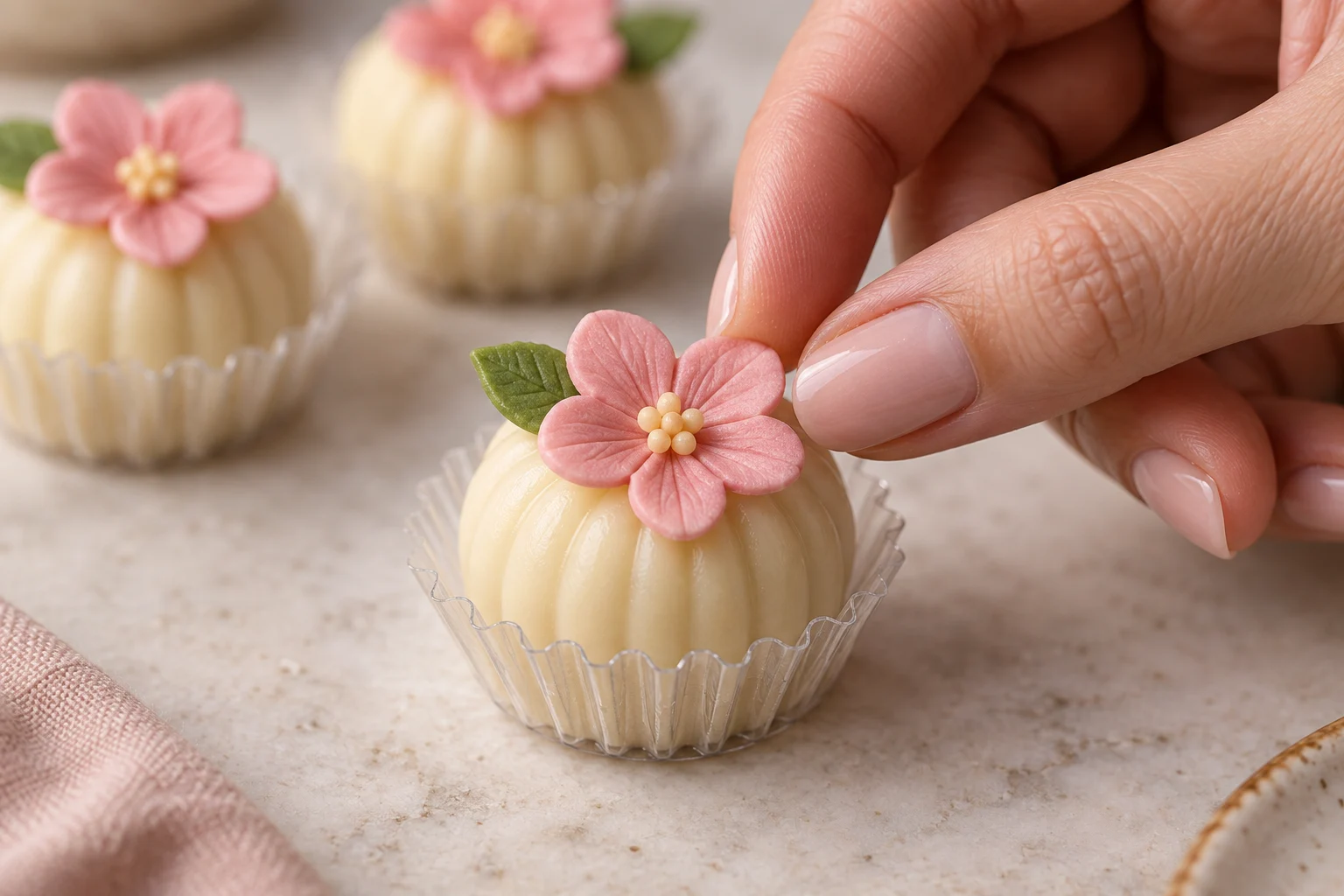 Cena ilustrativa: mão ajustando a flor de açúcar sobre um brigadeiro quase pronto