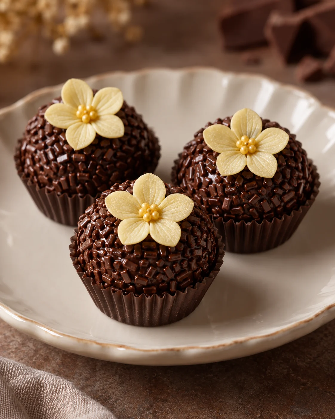 Composição ilustrativa de brigadeiros de chocolate com flores amarelas