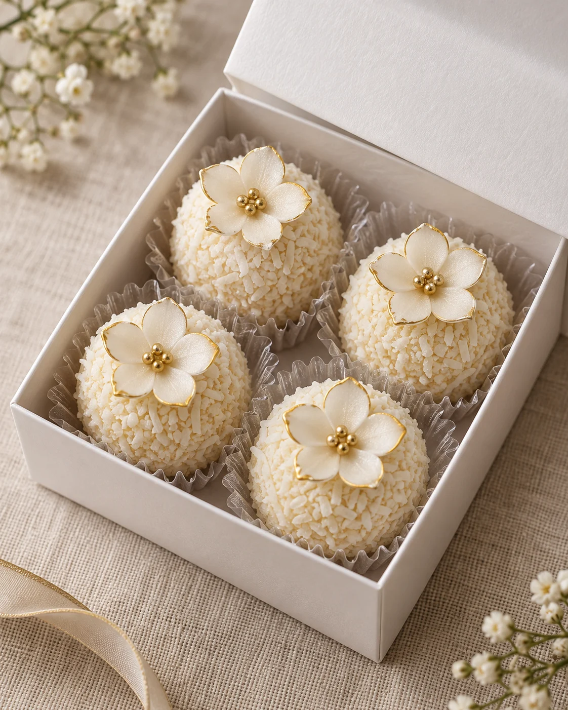 Composição ilustrativa de brigadeiros brancos com flores em caixa presenteável