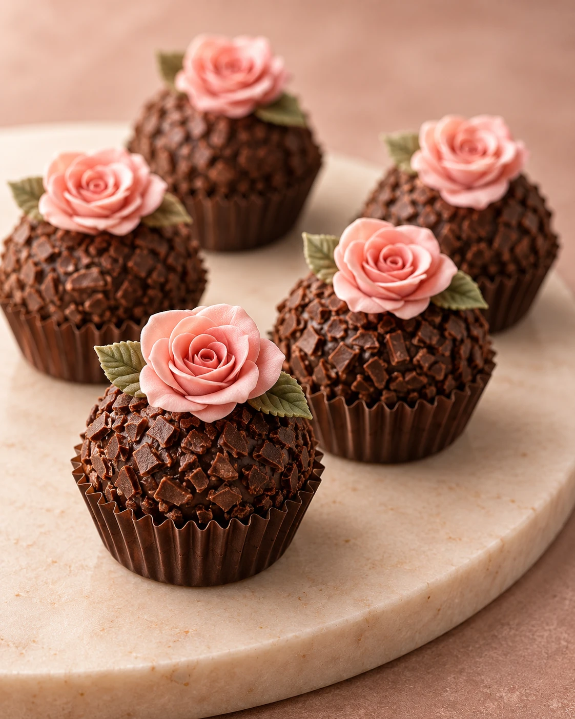 Imagem ilustrativa de brigadeiros de chocolate finalizados com rosas de açúcar