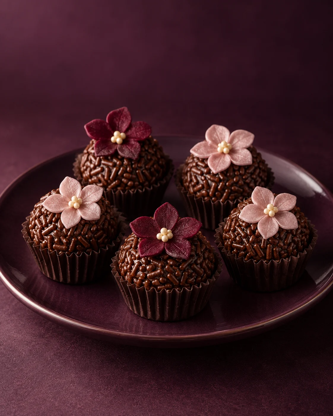 Composição ilustrativa de brigadeiros de chocolate finalizados com flores